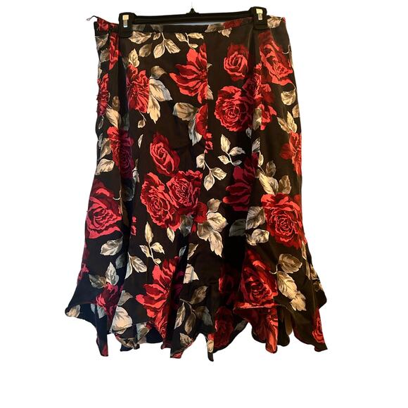 GUC E by ECi 100% Silk Skirt Floral Red/Black/Gray Size 12 - Picture 2 of 7